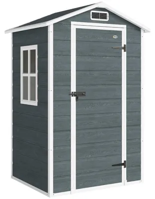 Produktbild von Gerätehaus 1,1m² Gartenhaus in Holzoptik mit Fenster, Satteldach, Belüftung, Fundamentrahmen & Schloss, Grau