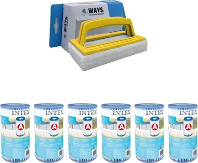 A cleaning brush and a set of six filter cartridges are displayed against a white background.