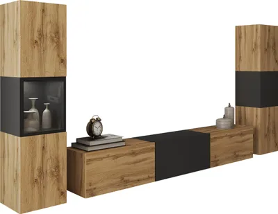 Produktbild von MIRJAN24 Wohnwand Berlin III, Stilvoll Wohnzimmer-Set, TV-Schrank, Modern Mediawand (Wotan Eiche / Wotan Eiche + Schwarzer Graphit, mit Beleuchtung)