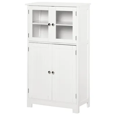 Produktbild von kleankin Badezimmerschrank Badschrank mit Glastüren und 2 Staufächern Aufbewahrungsschrank mit verstellbaren Regalebenen Mehrzweckschrank Kippschutz MDF Hartglas Weiß 60 x 30 x 108,5 cm