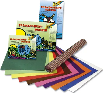 A collection of transparent paper sheets and rolls, along with packaging, displayed on a white background.