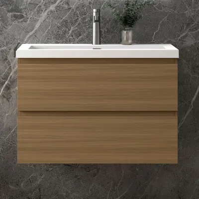 Produktbild von Waschbeckenunterschrank, Walnussfarbe Badezimmerschrank, 80x44.5x52cm, Sanfter Schluss, Badschrank, Unterschrank mit Waschbecken