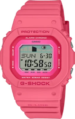 A close-up studio shot of a pink G-Shock watch.