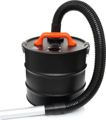 A black drum-style vacuum cleaner with an orange handle and a flexible hose with a silver nozzle, set against a white background.