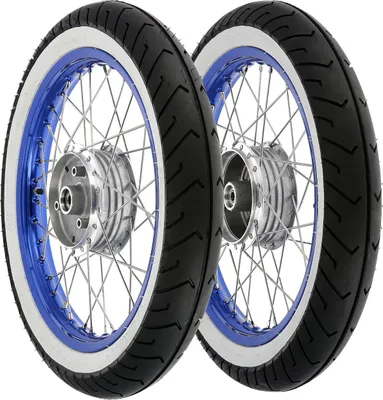 Produktbild von Set: 2 Kompletträder 1,5x16" Alufelge blau + Edelstahlspeichen + Weißwandreifen Mitas MC2