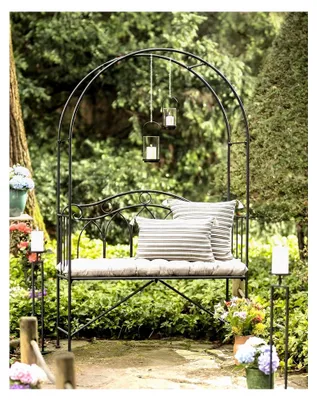 Produktbild von Sitzbank mit Rankbogen aus Metall, schwarz, 2-Sitzer Gartenbank mit Rosenbogen
