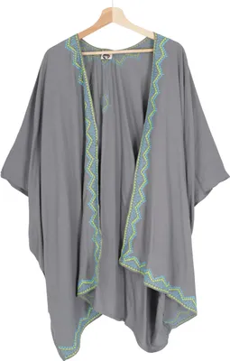 Produktbild von Kurzer Bestickter Sommer Kimono, Kaftan, Strandkleid - Grau, Damen, Viskose, Blusen & Tunikas