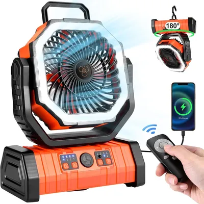 Produktbild von Tischventilator,Camping Ventilator, wiederaufladbar, 20000mAh Akku, 4 Geschwindigkeiten, mit Fernbedienung, LED Licht und Haken,für Outdoor, Zelt