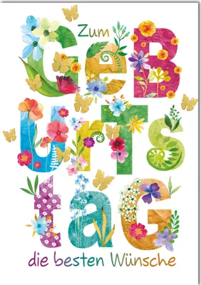 Produktbild von Geburtstag Schrift bunt mit Blüten die besten Wünsche Große DIN A4-Karte mit Umschlag XXL-Karte