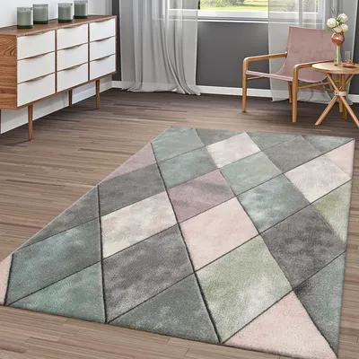 Produktbild von TT Home Wohnzimmer Teppich Bunt Pastellfarben Rauten Muster 3-D Design Kurzflor Robust Größe 60x110 cm