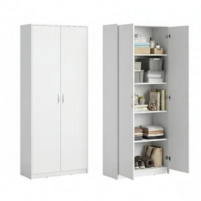 Produktbild von Schrank Mehrzweckschrank Aktenschrank Hochschrank mit 5 Fächern, 2 Türen, 74x35x180 cm, vielseitig einsetzbar für Büro, Flur, Küche, Hauswirtschaftsraum, stabil & pflegeleicht | weiß