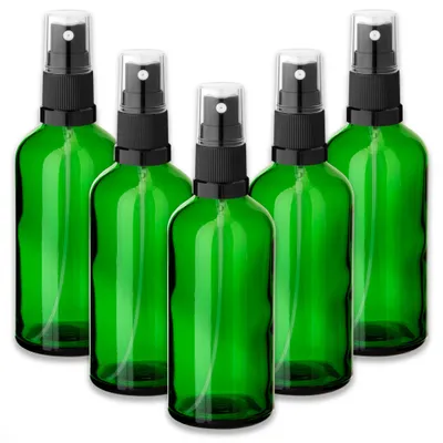 Produktbild von 5x Grüne Glasflasche 100 ml mit schwarzem Zerstäuber Sprühkopf Spray