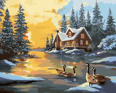 Produktbild von Zuty - Malen nach Zahlen - ENTEN AUF DEM FLUSS BEIM SCHNEEBEDECKTEN HAUS (D. RUSTY RUST), 40x50 cm, mit Keilrahmen (bereits gespannt)
