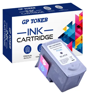 A product shot of a black ink cartridge and its packaging.