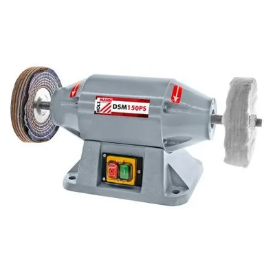 A gray polishing machine with two different polishing wheels attached, shown against a white background.