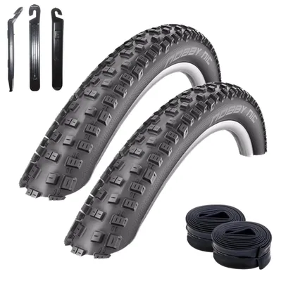Zdjęcie produktu dla 2 opony Schwalbe Nobby Nic ADDIX E-25 MTB E-Bike, rozmiar 27,5 x 2,25 (57-584), kolor czarny + 2 dętki Schwalbe AV19, w zestawie łyżki do opon