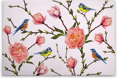 Produktbild von Leinwandbild Blumen 60 x 90 cm - Wandbild Rosa Grün Tadessi Leinwandbild Vogel Floral - Keilrahmen Wohnzimmerdeko Wanddeko Wandgemälde