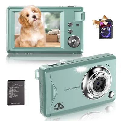 A digital camera and its accessories are displayed on a white background.