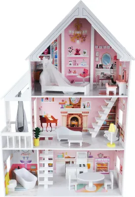 Produktbild von Bandits & Angels Puppenhaus aus Holz, Prinzessin Rosa, ab 3 Jahren, 126 cm hoch – inklusive 15 Möbelstücken – geeignet für Barbie – Puppenhaus – Puppenmöbel