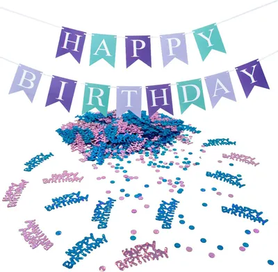 Produktbild von Oblique Unique Geburtstag Party Deko Set - Happy Birthday Girlande + Konfetti Hängedeko Streudeko lila türkis