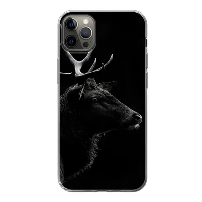 Produktbild von MuchoWow® Handyhülle Schutzhülle Hülle für iPhone 12 Pro Max Hirsch - Schwarz - Porträt - Geweih - Tiere Silikon Softcase Handy Hülle - Hartschale