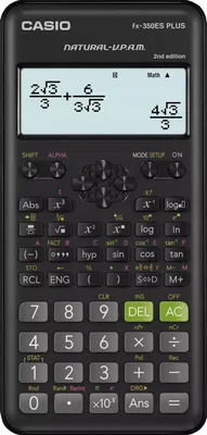 A black Casio FX-350ES PLUS calculator with a mathematical equation displayed on its screen.