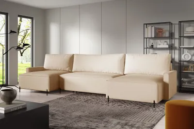 Produktbild von Ecksofas in U-Form ANTONIO EVER U 372x148cm, Wohnlandschaft mit Schlaffunktion & Bettkästen, Eckarniutur / Couch in Bouclé-Stoff Hellbeige