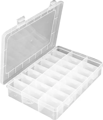 A clear, well-lit studio shot of an open, clear plastic organizer box with multiple compartments.