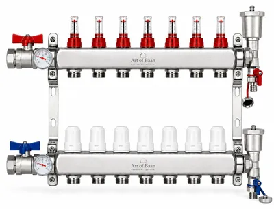 Produktbild von Heizkreisverteiler 8-fach Edelstahl Fußbodenheizung Set Kugelhahn Entlüfter