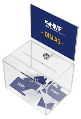 Produktbild von Spendenbox Acryl DIN A5 mit Blatteinschub, 16 x 16 x 21,5 cm, HMF 46913