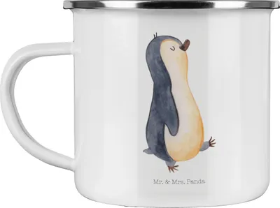 Produktbild von Mr. & Mrs. Panda Teetasse Pinguin marschieren - Weiß - Geschenk, Teebecher, becher emaille, Haferl, Spazieren, Bruder, Motivtasse, Emailletasse, Familie, Stolz