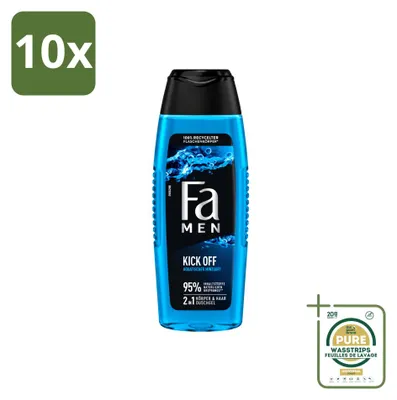 Imagen del producto de 10 unidades de gel de ducha "Fa Men" con aroma a agua y menta, 250 ml cada uno. Paquete ahorro