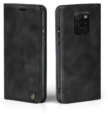 A black flip case for a smartphone is shown from two angles.