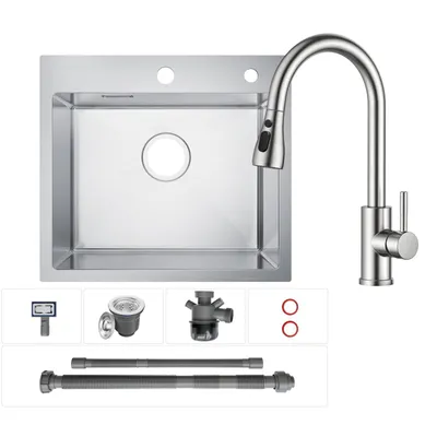 Produktbild von Küchenspüle 50x45 cm mit ausziehbarem Armatur, Hochdruck, edelstahlspüle 304 gebürstet Set, Spülbecken mit Wasserhahn, Einbauspüle, Cecipa MAX