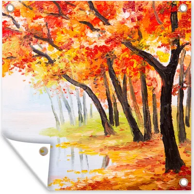 Produktbild von MuchoWow® 100x100 cm Outdoor-Poster Gartendeko Sichtschutz Garten Poster für den Garten  Gemälde - Herbst - Bäume - Wasser - Ölfarbe