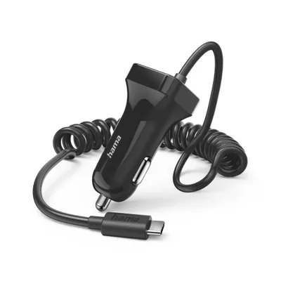 A black car charger with a coiled USB-C cable on a white background.
