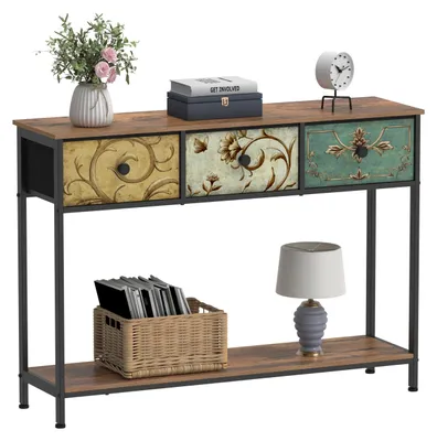 Consoletafel mit 3 Stoffschubladen, Beistelltisch, Holz/Metall, braun