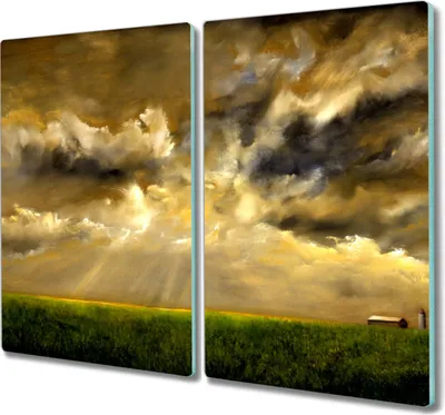 Produktbild von Coloray Schneidebrett Herdabdeckplatte 2x30x52 cm Kochplattenabdeckung Küchenbrett Hackbrett - Landschaft Dorf Feld Himmel