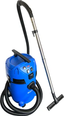 A blue wet and dry vacuum cleaner with a hose and extension wand, photographed against a white background.