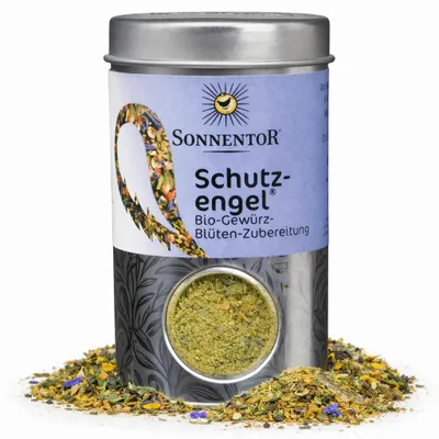 Produktbild von Sonnentor Schutzengel Gewürz-Blüten-Zubereitung , Flockengewürze, 35 g, Lorbeerblatt, Schwarzer Pfeffer, Karotte, Koriander, Kreuzkümmel, Fenchel, Bockshornklee,..., Karottenstücke  Koriander  Ingwerstücke  Krauseminze  Knoblauch  Kornblumen ..., 278 kcal, 1196 kJ