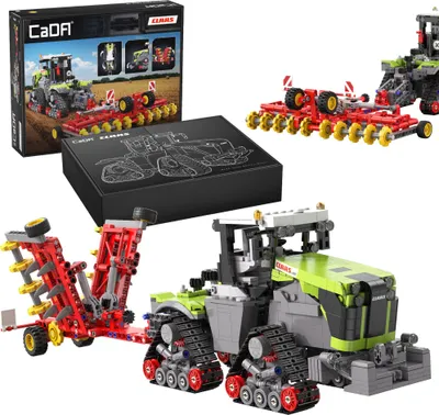 A collage of images showing a toy tractor set, including the packaging, a built model, and a separate agricultural implement.