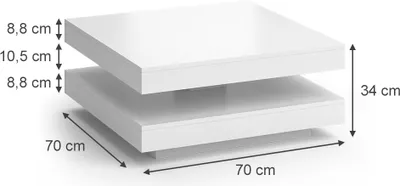 A white, two-tiered coffee table with dimensions indicated by measurement lines and text.