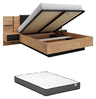 Produktbild von Bett mit Kommode und Nachttischen 160 x 200 cm - Mit LED-Beleuchtung - Farben: Natur und Anthrazit + Matratze - ELYNIA