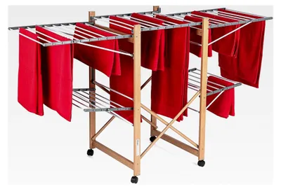 Produktbild von Wäscheständer XXL mit Rollen - 2 Ebenen Standtrockner 21m Trockenlänge - Klappbar 12cm Holzoptik - Mobiler Flügelwäschetrockner für Innen und Außen - 25kg belastbar 136x69cm platzsparend