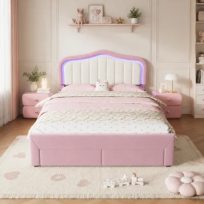 Obrázok produktu pre MODFU posteľ pre mládež, 140 x 200 cm, s matracom, detská posteľ s úložným priestorom, s 2 zásuvkami a LED osvetlením, čalúnená posteľ s čalúnenou opierkou, ružová