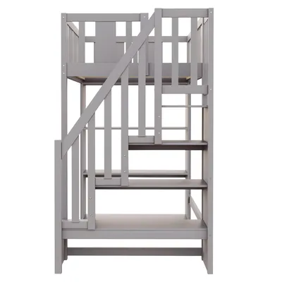 Produktbild von Flieks Etagenbett 90x200cm mit Regal, Kinderbett Hochbett mit Rausfallschutz, Stockbett Einzelbett mit Lattenrost und Treppe, Holzbett Grau