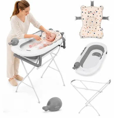 Produktbild von Aluz Faltbare Babybadewanne mit Gestell & Badekissen Weiß Grau 81x96x49 cm