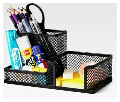 Produktbild von Schreibtisch Organizer aus Drahtmetall, Multifunktionale Organisation mit Stifthalter und Aufbewahrungskörben, für Zuhause und Büro, 3 Fächer, Schwarz