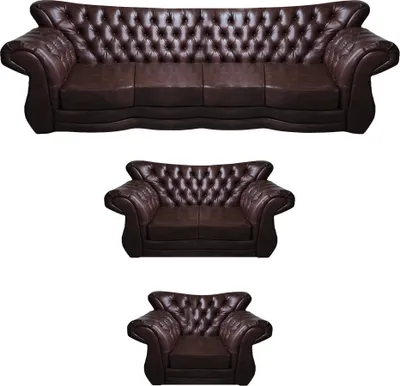 Immagine prodotto di Divano marrone, set da 3 pezzi, completo mobili imbottiti in pelle, stile Chesterfield
