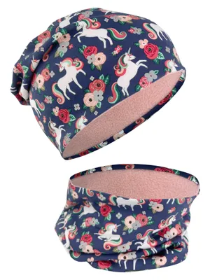 Produktbild von HECKBO Winter 360° Reflektor Kinder Mütze & Loop Schal Set - Einhorn Vlies innen - 2-6 Jahre - 95% Baumwolle - weiches & pflegeleichtes Stretch